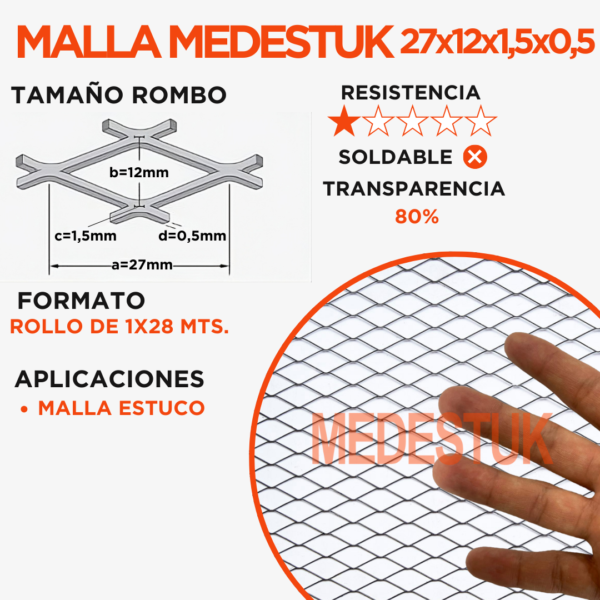 Malla Medestuk - M.Es <br> Estuco 27x12x1,5x0,5 <br> de 1x28m - Imagen 4